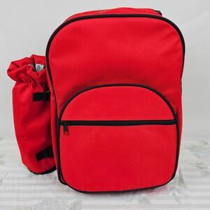 Red Picnic Backpack Wine Set Four Glasses Utensils Cutting Board Knife Napkins